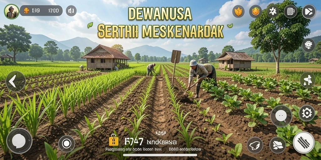 Screenshot gameplay DEWANUSA yang menampilkan aktivitas bertani yang seru.