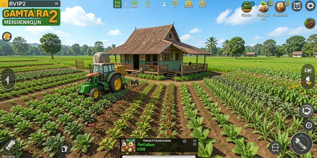 Tangkapan layar gameplay RVIP2 menampilkan kebun yang subur dan aktivitas bertani yang menyenangkan.